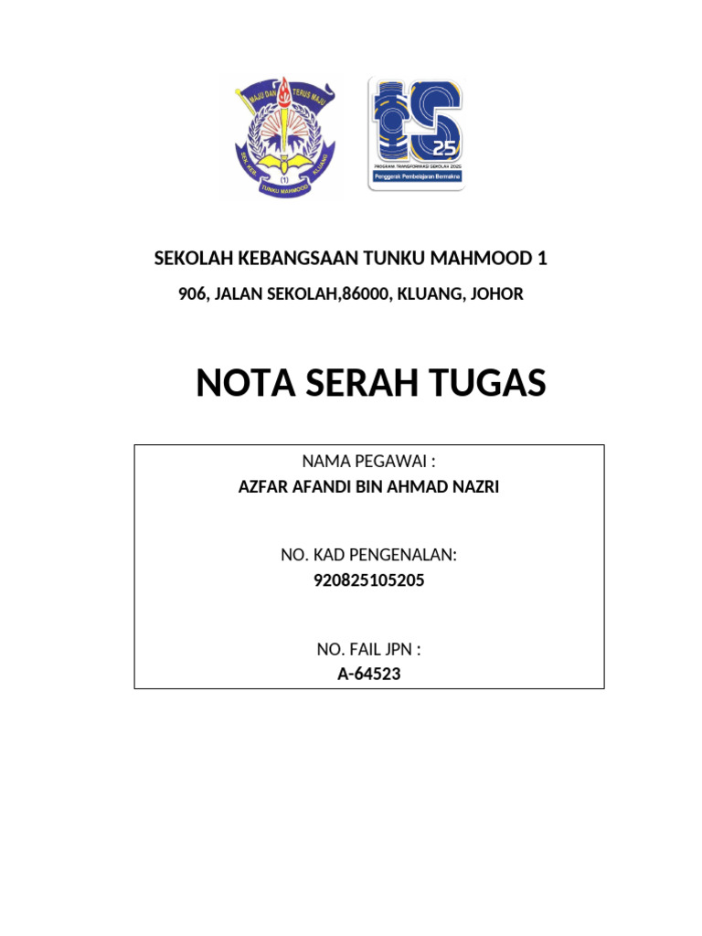 Muka Depan Serah Tugas Azfar | PDF