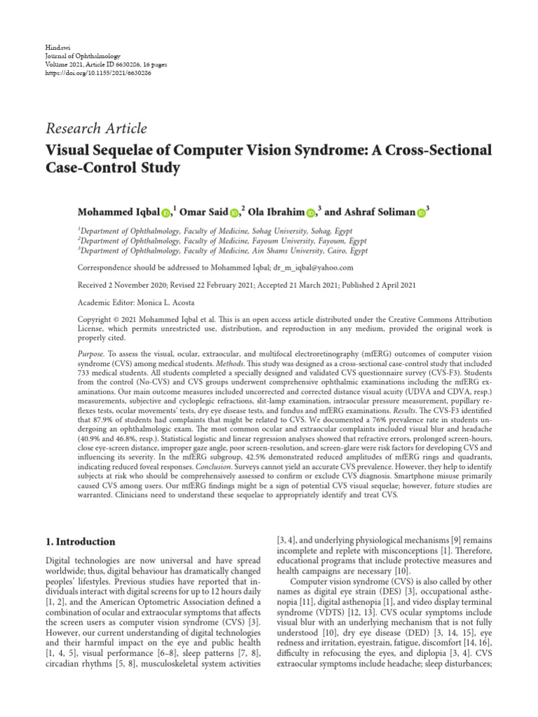 Visual Sequelae of Computer Vision Syndrome A Cros | PDF | Clinical ...