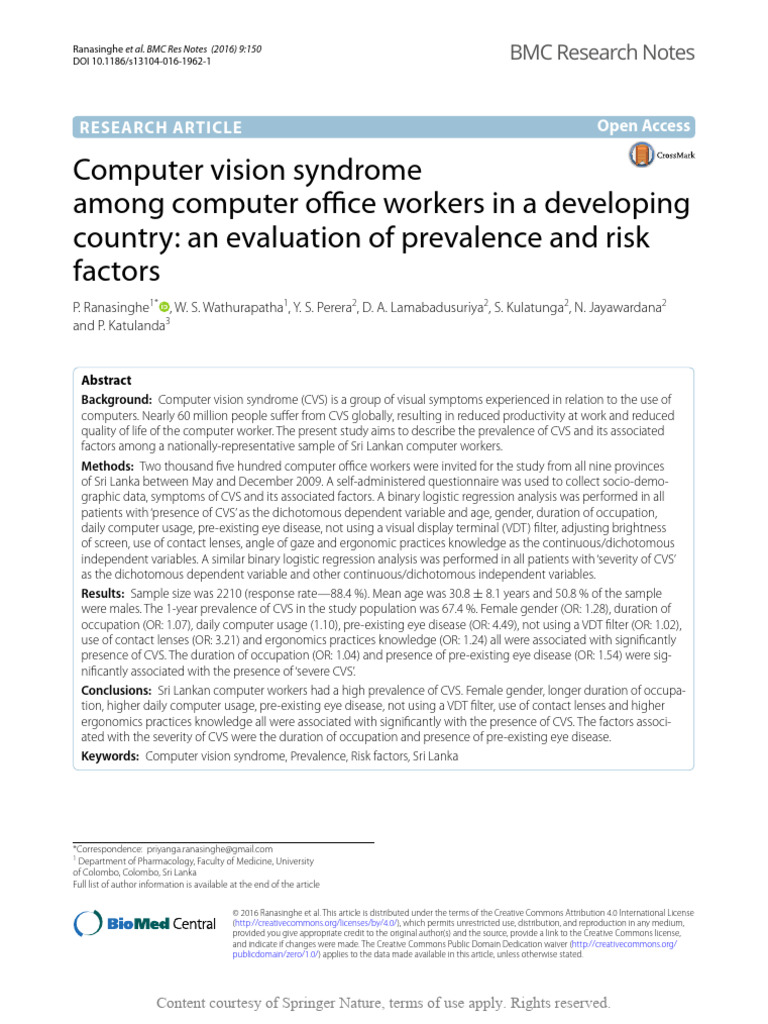 Computer Vision Syndrome in Sri Lanka | PDF