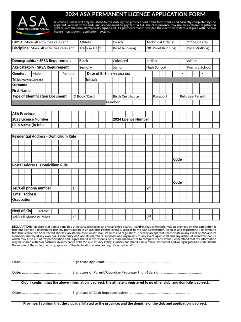 2024 ASA License Application Form | PDF | Identity Document ...