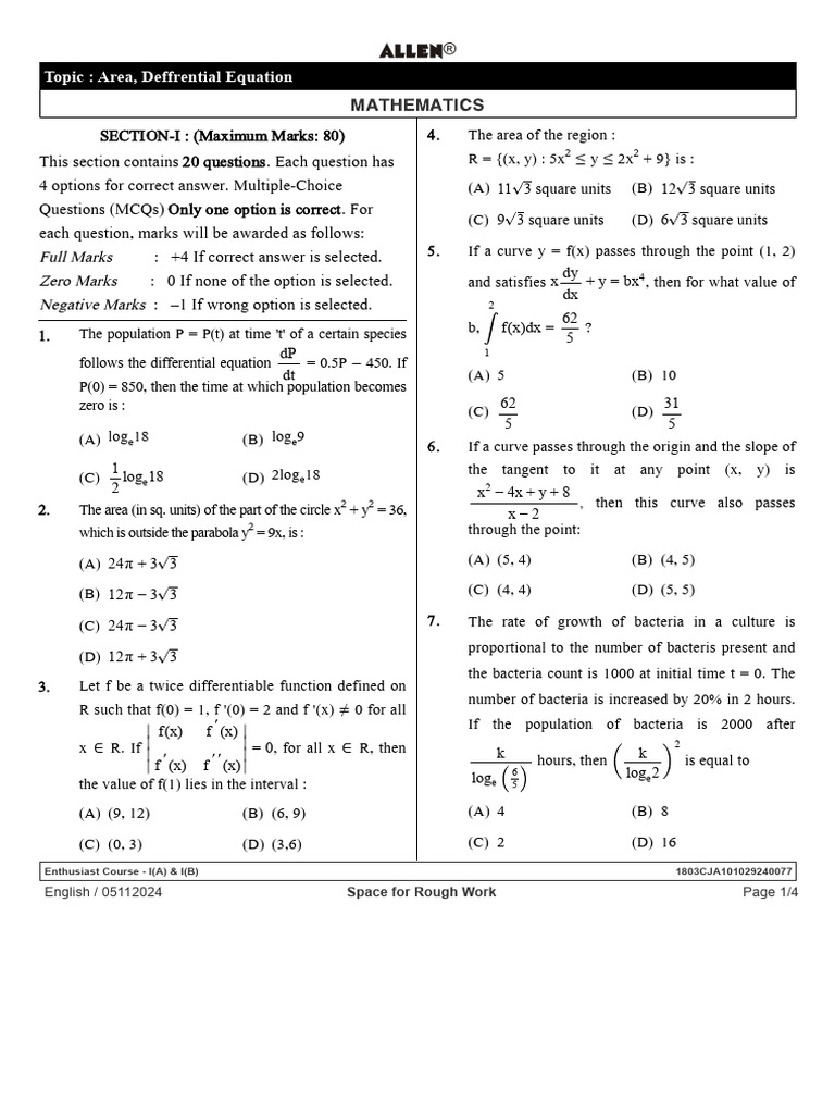Area Under Curve + Diff Eqn | PDF | Tangent | Equations
