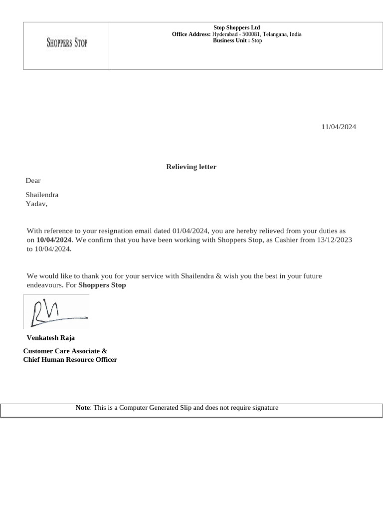 Shoppers Stop Relieving Letter | PDF