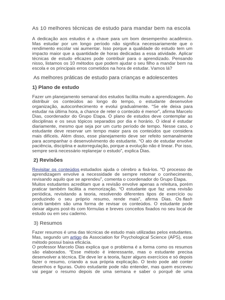 10 Técnicas de Estudo Eficazes para Alunos | PDF | Aprendizado | Tempo
