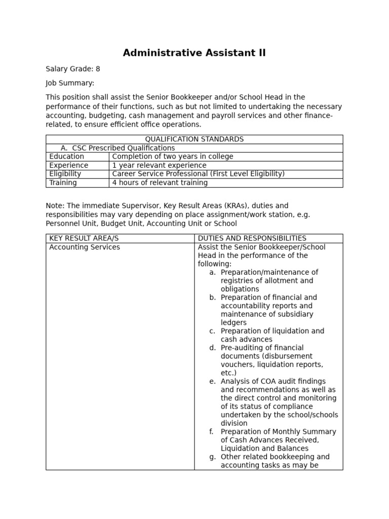Administrative Assistant II Overview | PDF | Bookkeeping | Accounting