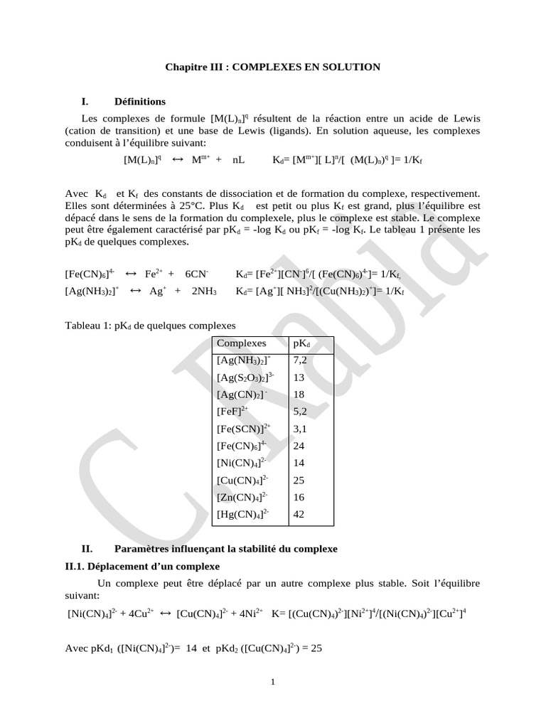 Dissociation des Complexes en Solution | PDF | Dissociation (chimie ...