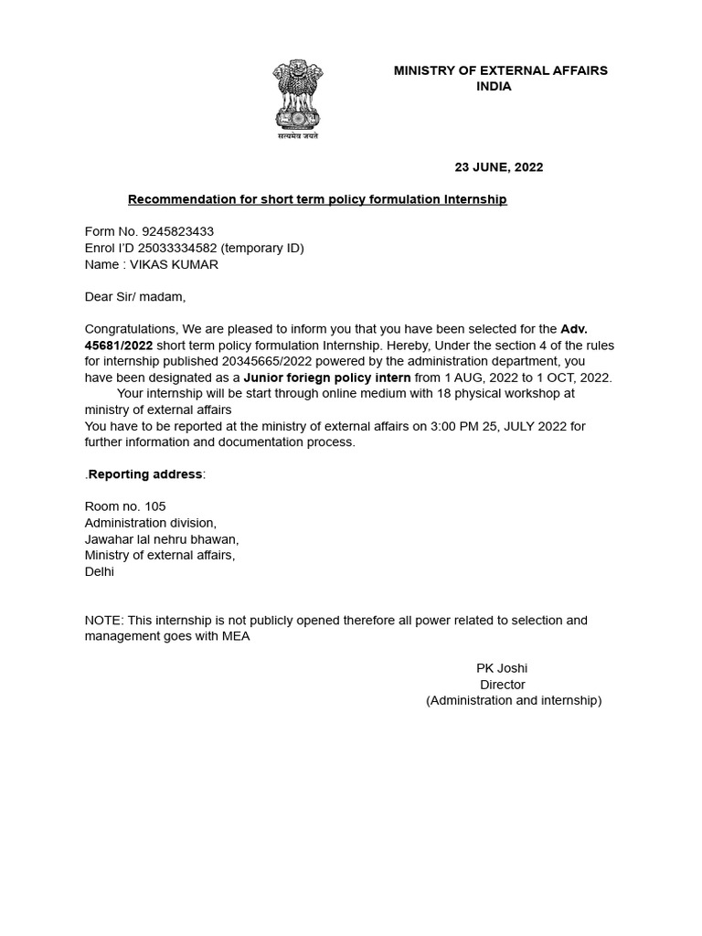 Internship Confirmation: Policy Formulation | PDF