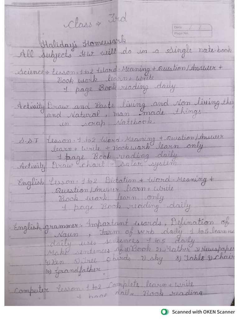 Class 3rd holiday homework pdf