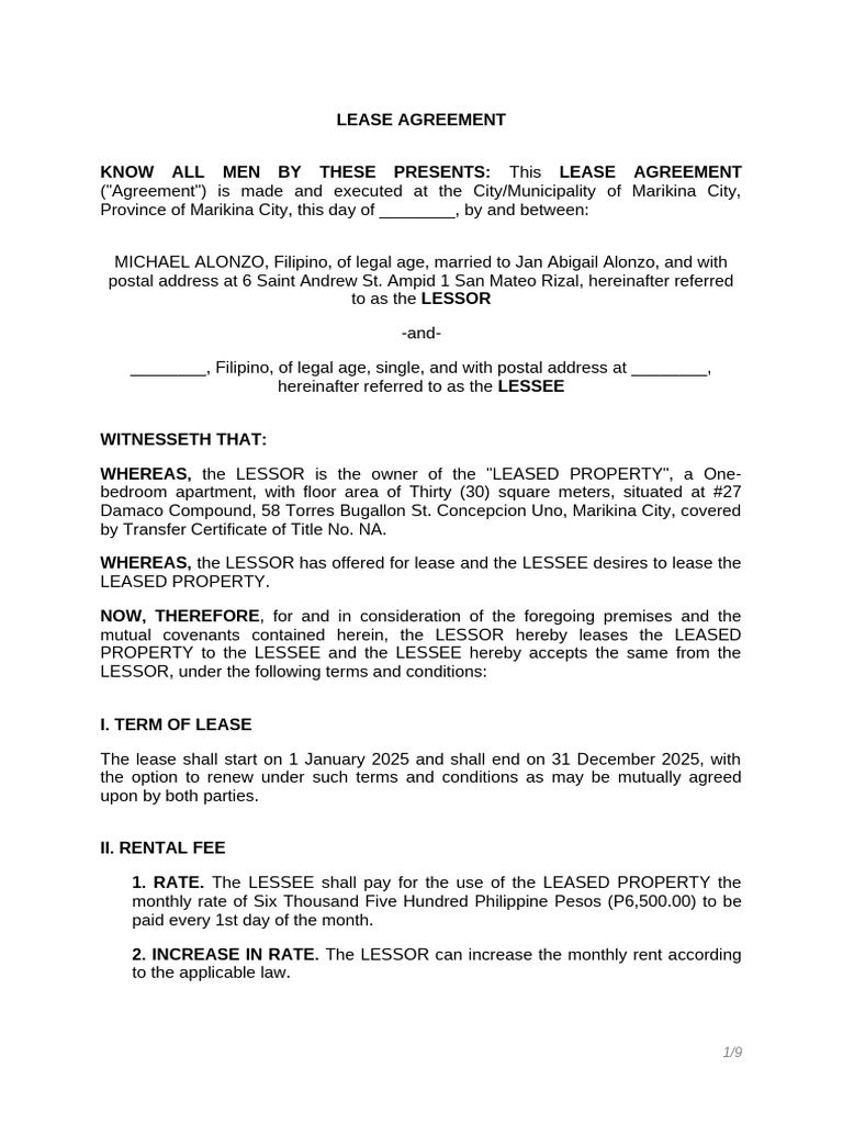 Marikina Residential Lease Agreement 2025 | PDF | Lease | Civil Law ...