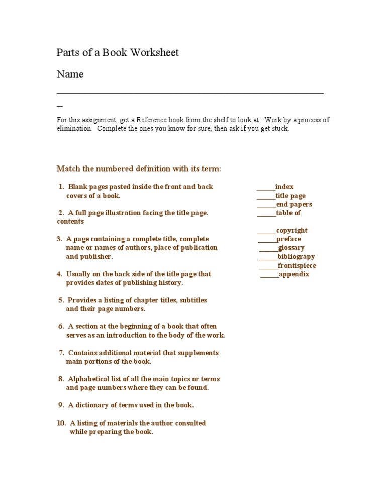 Parts of a Book Worksheet 1