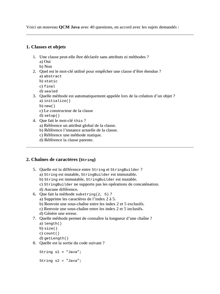 QCM Java Corrigé : 40 Questions | PDF | Java (Langage de programmation ...