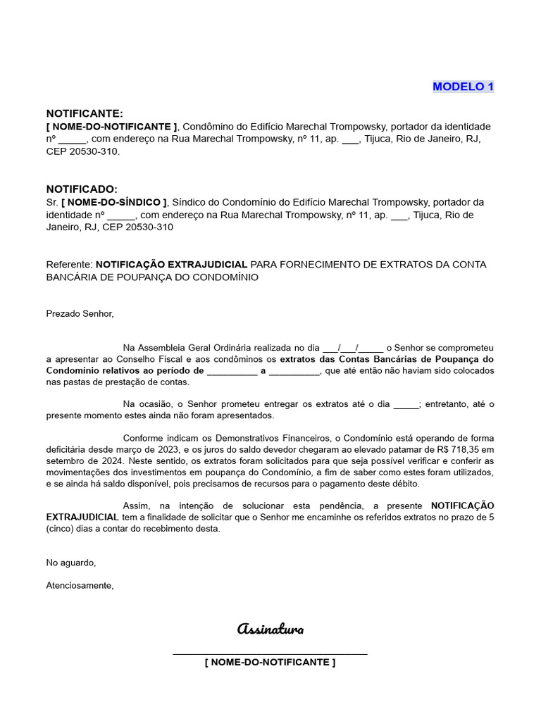 Notificação Extrajudicial para Síndico | PDF | Condomínio