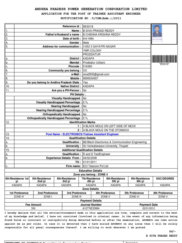 APGENCO Trainee Assistant Engineer Application | PDF | Social Science