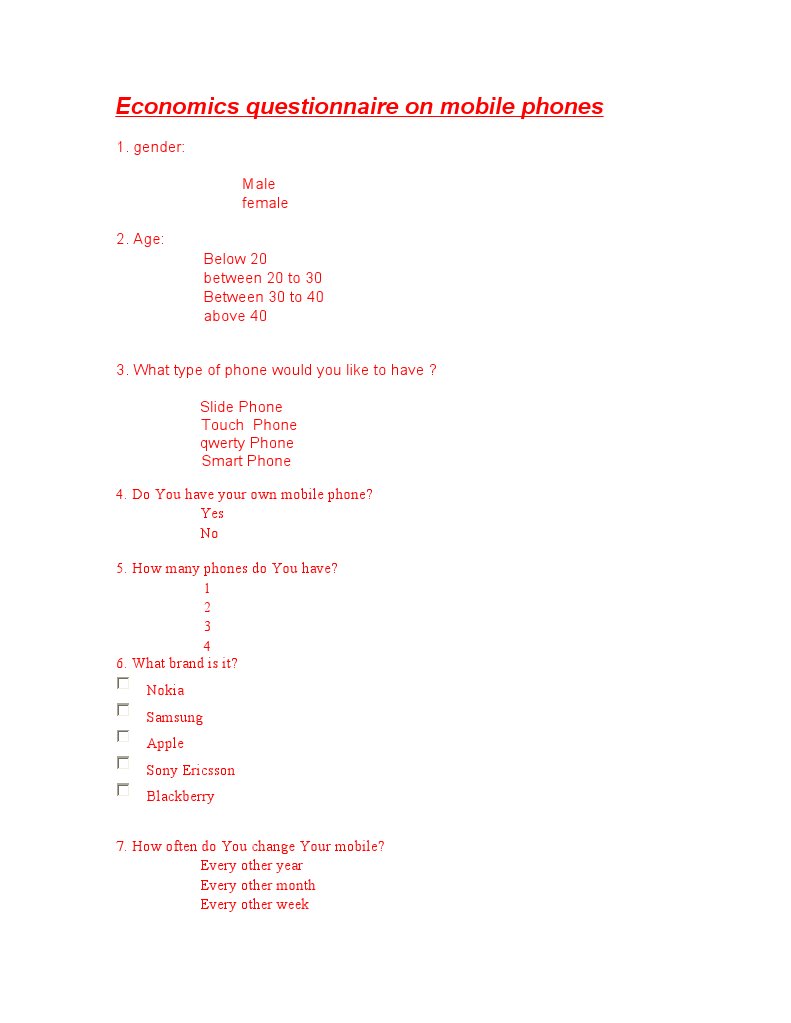 Mobile Phone Economics Survey Questionnaire | PDF | Business