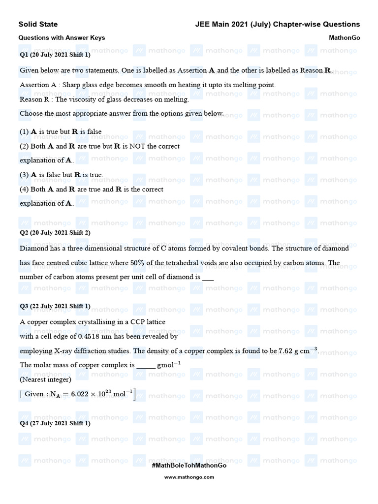JEE Main 2021 Solid State Questions | PDF | Crystal Structure ...