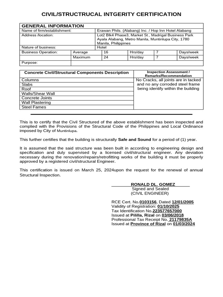 Structural Certification (Erawan ALABANG) | PDF