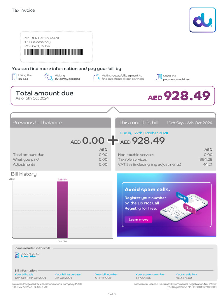 Check Your Du Postpaid Bill Online | PDF | Value Added Tax | Payments