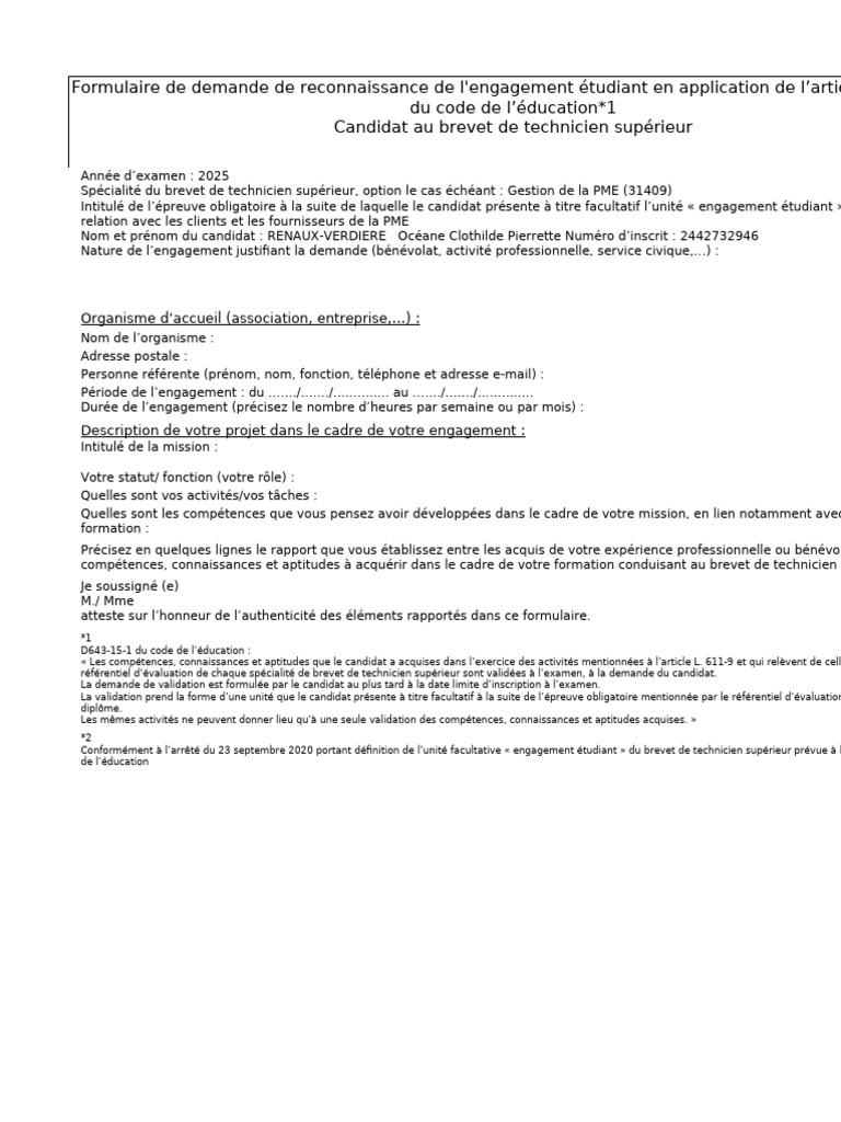 Demande de reconnaissance engagement étudiant | PDF