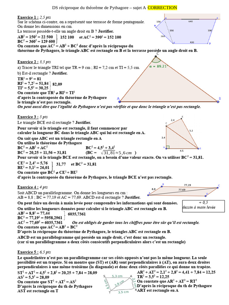 Exercices sur la réciproque de Pythagore | PDF | Mathématiques ...