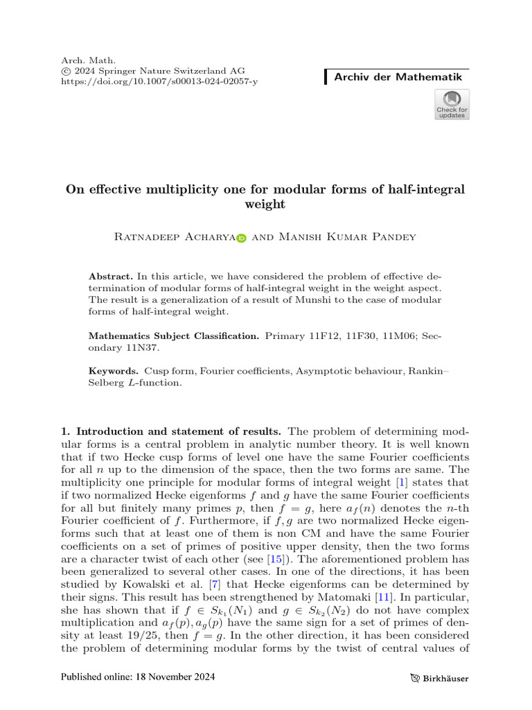 Eﬀective Multiplicity One for Half-Integral Modular Forms | PDF ...