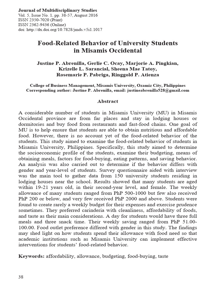 Food Behavior of Misamis University Students | PDF | Survey Methodology