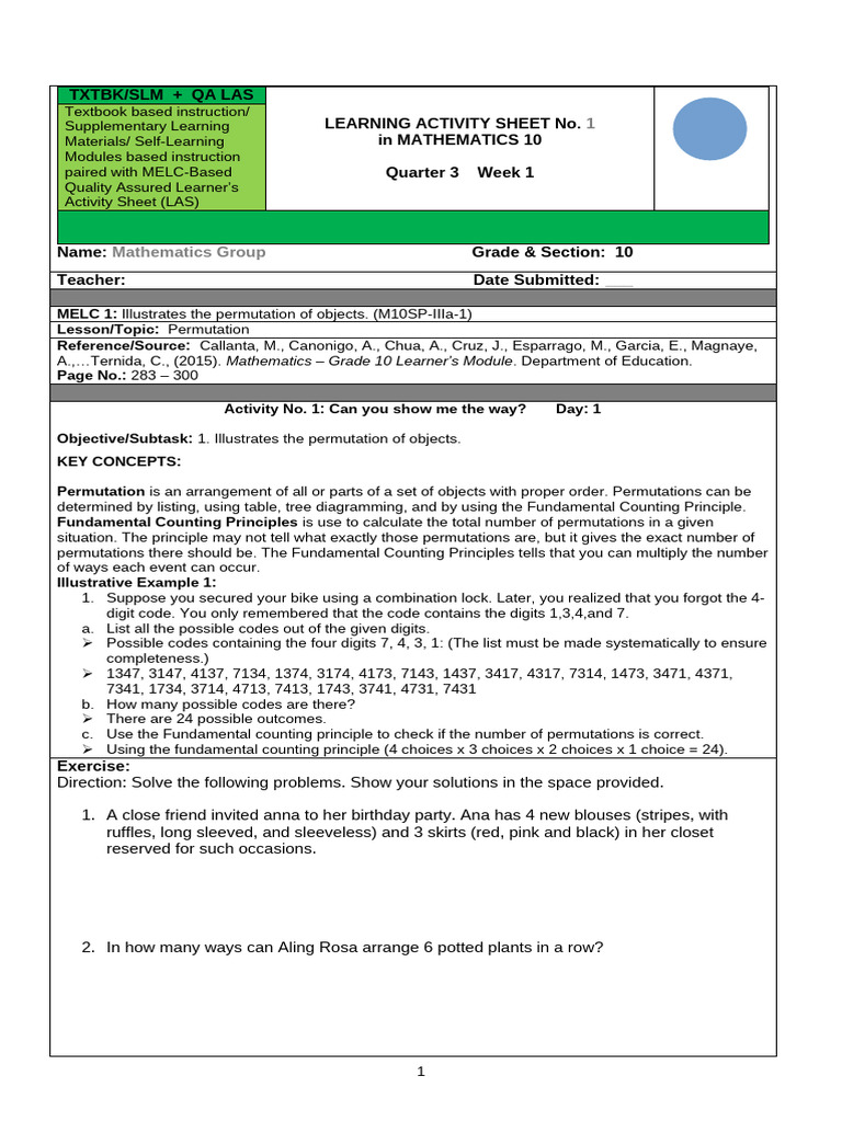 Permutations in Grade 10 Mathematics | PDF | Permutation | Mathematics