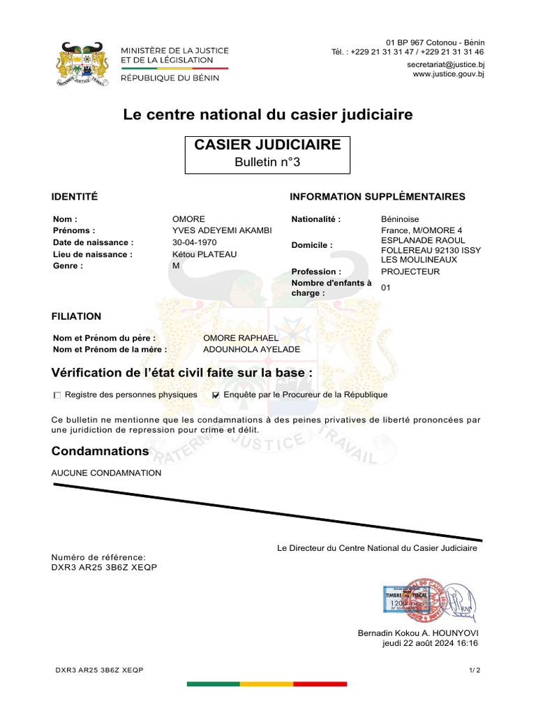 Bulletin n°3 du casier judiciaire d'Yves Omore | PDF | Justice | Crime ...