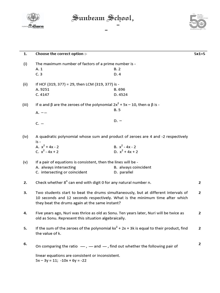 UT-I Mathematics (X) 07.05.2022 (SET-B) | PDF | Polynomial | Quadratic ...