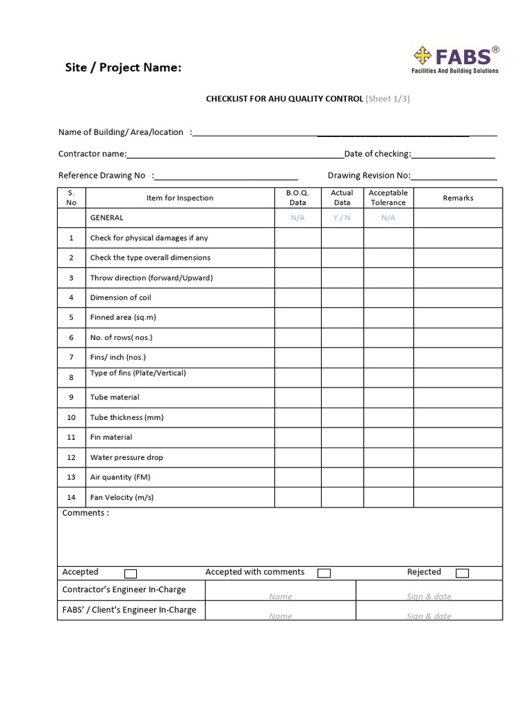 AHU Quality Control | PDF | Equipment | Manufactured Goods