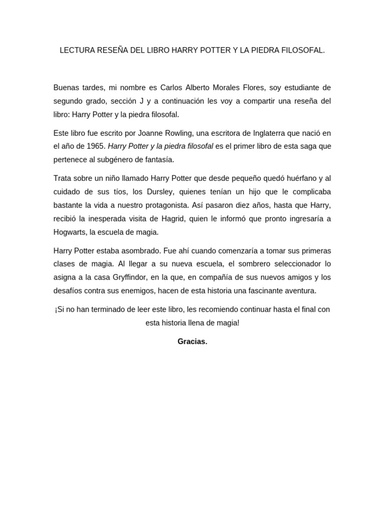 Reseña de Harry Potter y la Piedra Filosofal | PDF