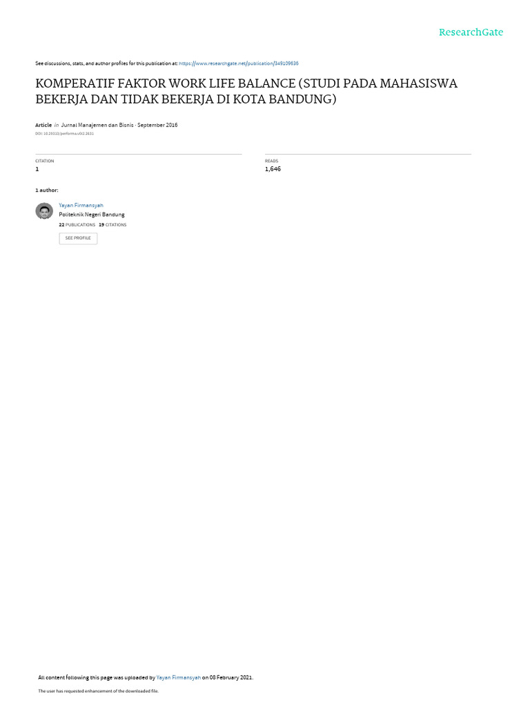 Komperatif Faktor Work Life Balance Studi Pada Mahasiswa Bekerja Dan ...