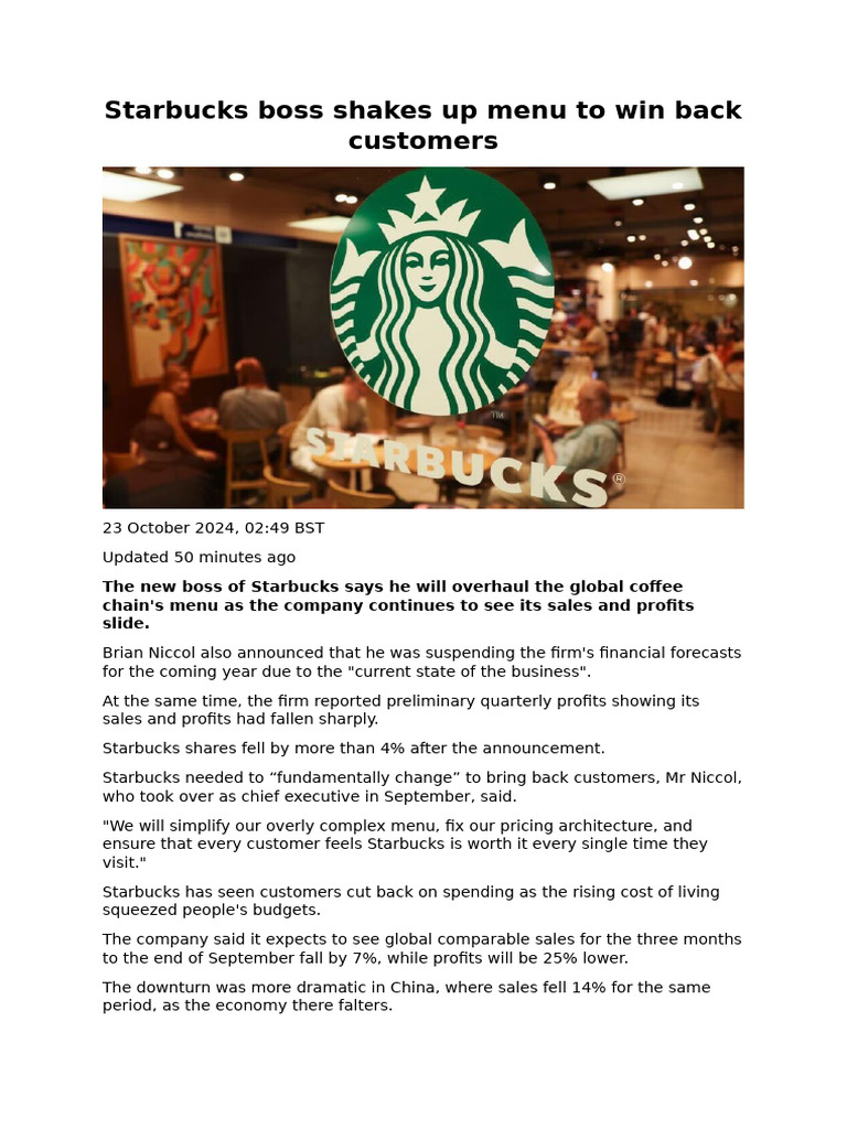 Starbucks and Having To Change Menu October 2024 | PDF