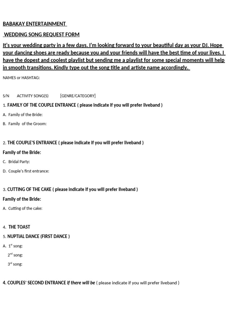 Wedding Song Request Form | PDF