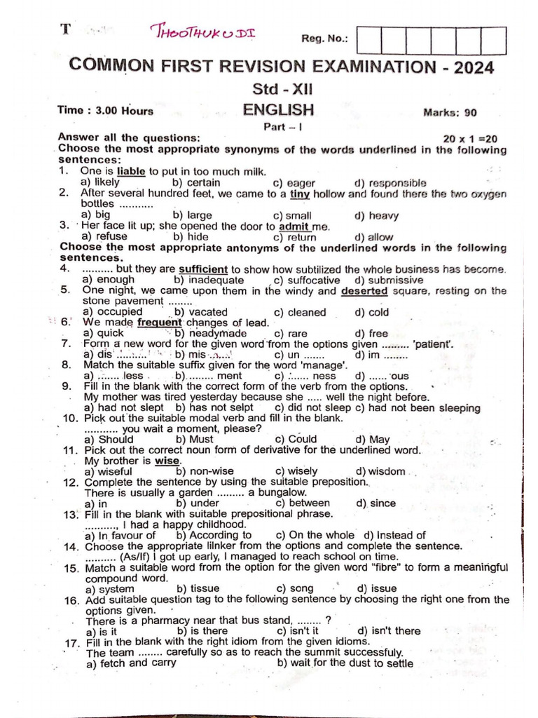 12th English EM First Revision Exam 2024 Question Paper Toothukudi ...