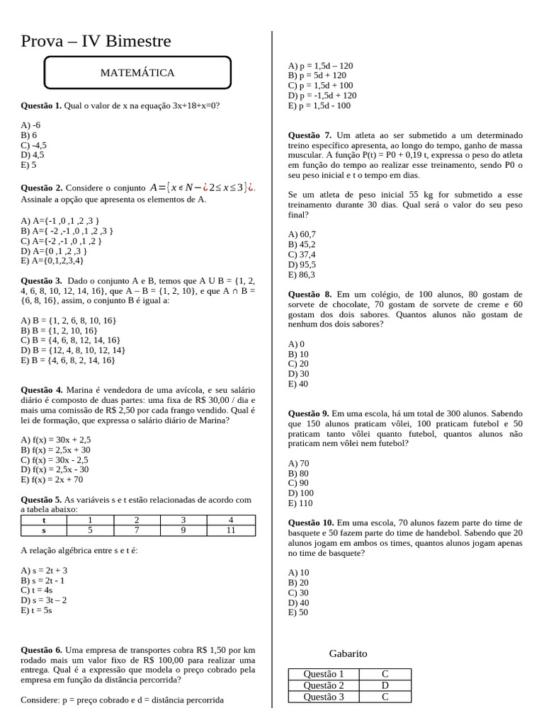 Prova de Matemática - IV Bimestre | PDF