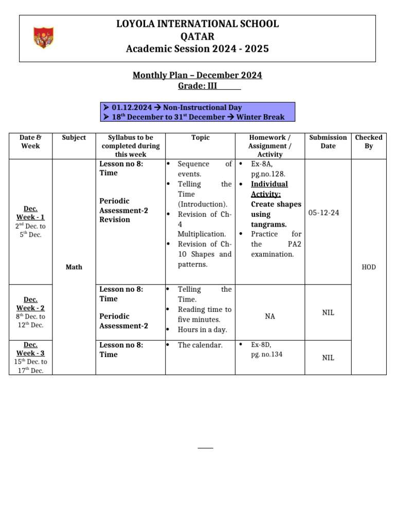 G-3 Math December Monthly Plan | PDF