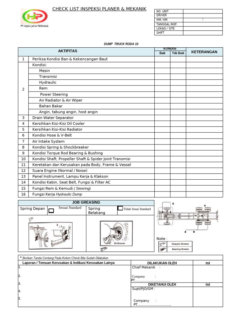 Checklist Inspeksi Dump Truck Roda 10 | PDF