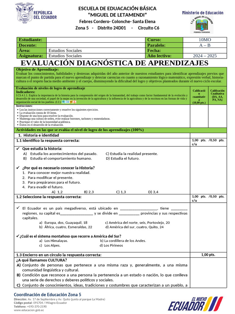 Evaluación Diagnóstica 10mo Estudios Sociales | PDF | Bienes | Evaluación