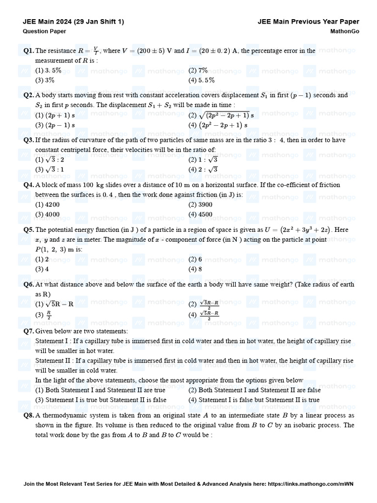 JEE Main 2024: 29 Jan Shift 1 Paper | PDF | Physical Chemistry ...
