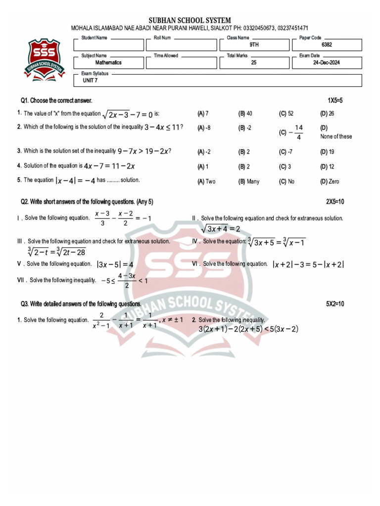 Chapter 7 Mathematics Test | PDF | Mathematics | Equations