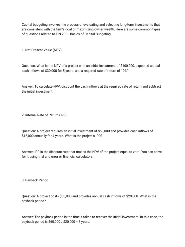 Basics of Capital Budgeting Questions and Answers PDF Capital
