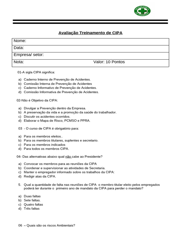 Avaliação Da CIPA | PDF | Segurança e saúde ocupacional
