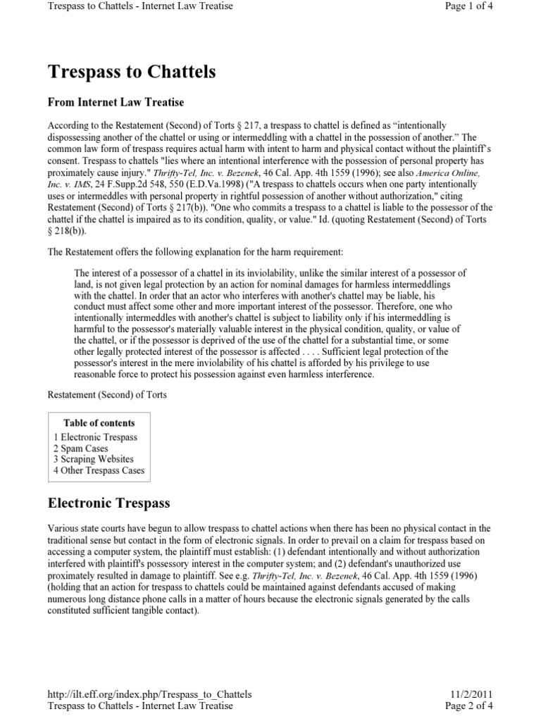 TORT Trespass to Chattels Trespass Common Law