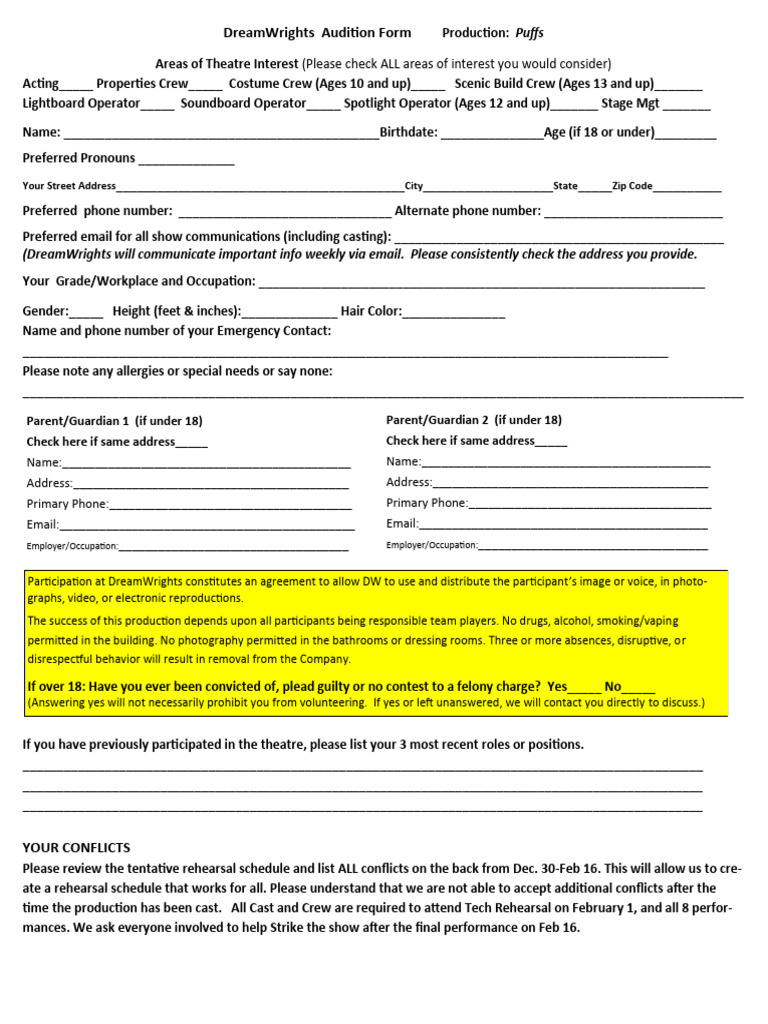 DreamWrights Puffs Audition Form | PDF