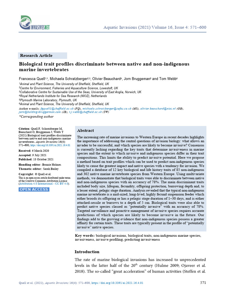 Quell 2021 Biological trait profiles discriminate between native and ...