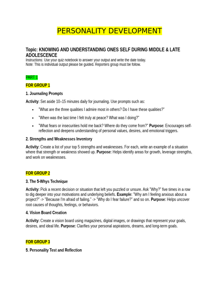 Self-Discovery Activities for Adolescents | PDF | Self Concept | Goal