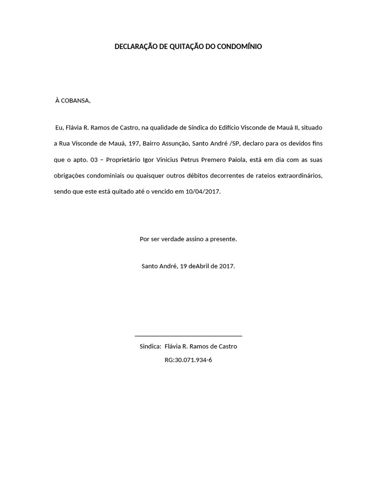Declaração de Quitação de Condomínio | PDF