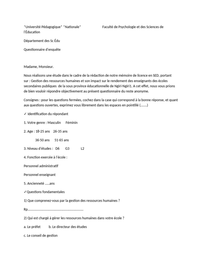 Questionnaire sur la GRH en Éducation | PDF | Gestion des ressources ...