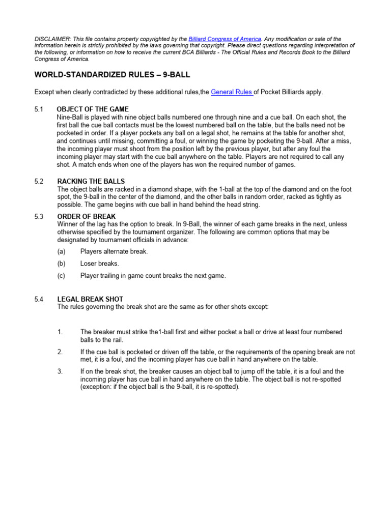 Official 9-Ball Billiards Rules | PDF | Individual Sports | Pool (Cue ...