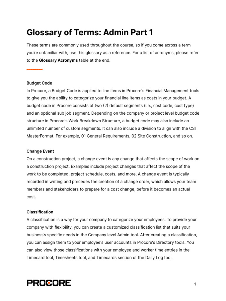 Procore Admin Glossary: Key Terms | PDF | Optical Character Recognition ...