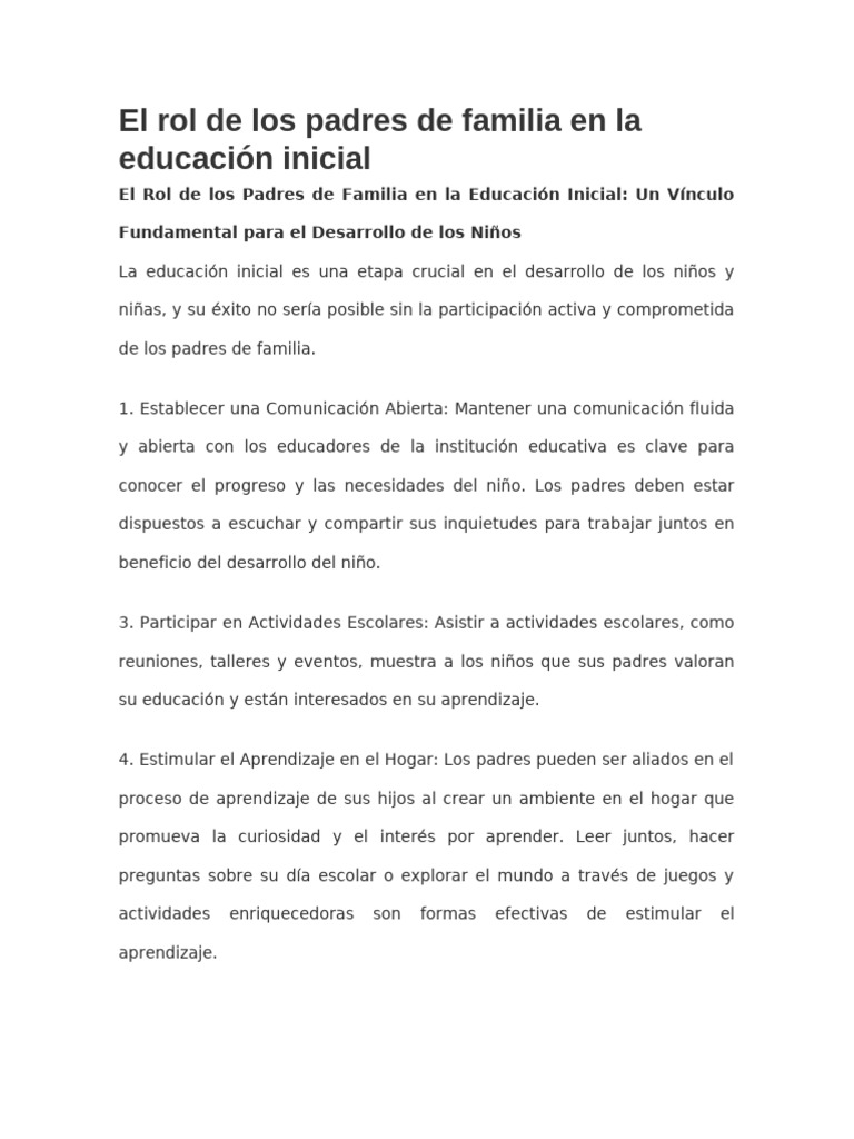 Importancia de los Padres en Educación Inicial | PDF